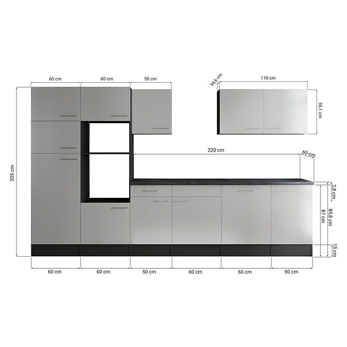 Respekta Olivia Küchenleerblock (Breite: 340 cm, Grau, Ohne Elektrogeräte, Schwarze Griffe) | BAUHAUS
