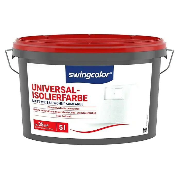 swingcolor Isolierfarbe Universal - 5 l, Weiß - Ein Eimer Universal Isolierfarbe von Swingcolor, matt-weiß für Innenräume, ideal für rauchverfärbte Untergründe und hohe Deckkraft.