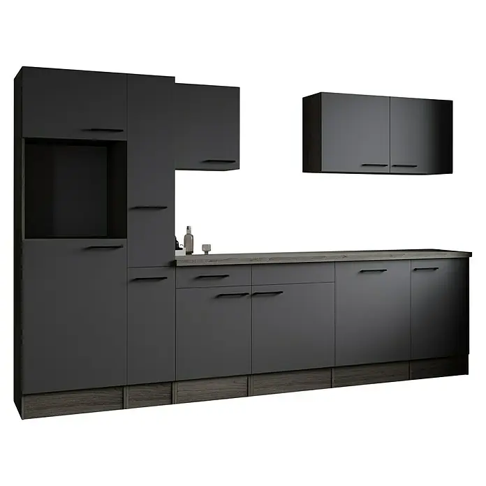 Respekta Olivia Küchenleerblock - Breite: 310 cm, Artisan Eiche Nachbildung Grau, Ohne Elektrogeräte, Schwarze Griffe - Moderne graue Küche mit stilvollen Schränken und dunklen Griffen für ein elegantes Küchendesign.