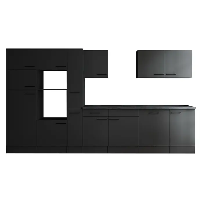 Respekta Olivia Küchenleerblock - Breite: 370 cm, Grau, Ohne Elektrogeräte, Schwarze Griffe - Moderne, schwarze Küchenschränke mit minimalistischen Griffen und klaren Linien für eine elegante Küchengestaltung.