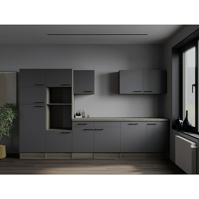 Respekta Olivia Küchenleerblock (Breite: 340 cm, Artisan Eiche Nachbildung Grau, Ohne Elektrogeräte, Schwarze Griffe) | BAUHAUS