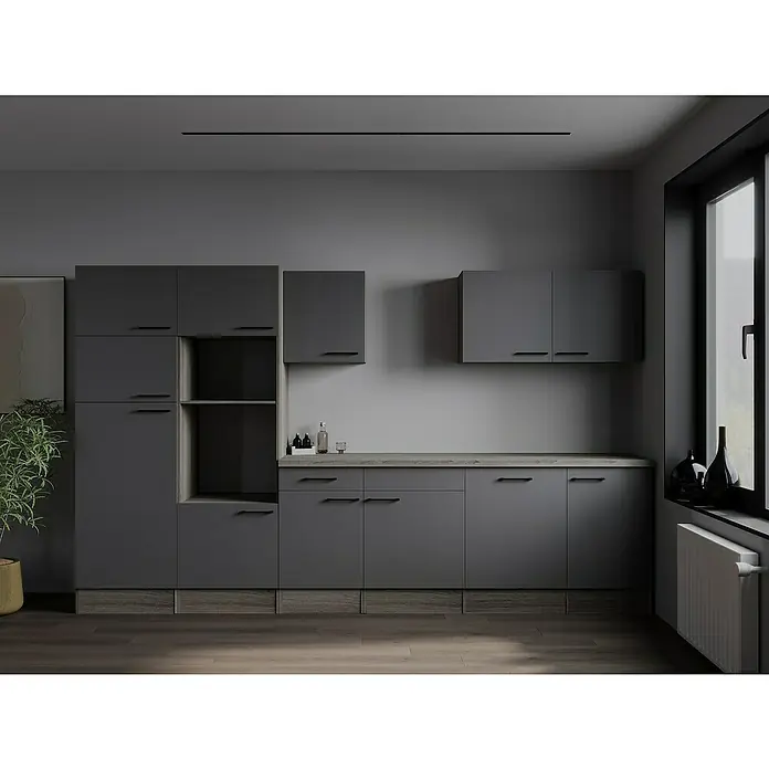 Respekta Olivia Küchenleerblock - Breite: 340 cm, Artisan Eiche Nachbildung Grau, Ohne Elektrogeräte, Schwarze Griffe - Graue Küche mit dunklen Akzenten und Holzboden, die ein modernes und elegantes Ambiente ausstrahlt.