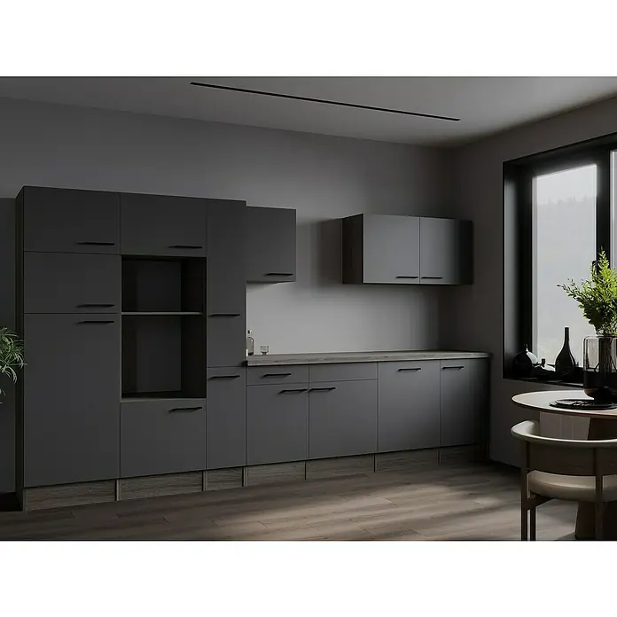 Respekta Olivia Küchenleerblock - Breite: 370 cm, Artisan Eiche Nachbildung Grau, Ohne Elektrogeräte, Schwarze Griffe - Elegante graue Küche mit modernen Schränken und einer minimalistischen Tischgruppe, die ein stilvolles und zeitgemäßes Küchendesign präsentiert.