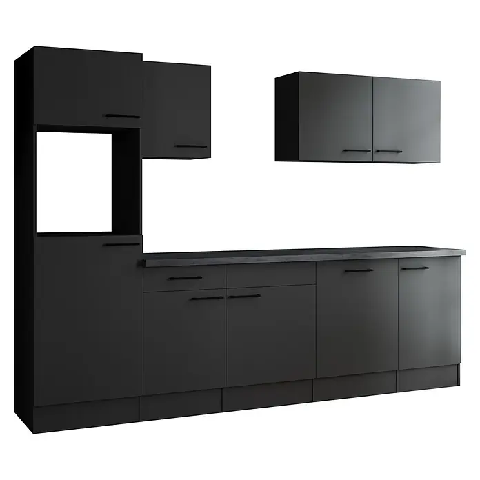 Respekta Olivia Küchenleerblock - Breite: 280 cm, Grau, Ohne Elektrogeräte, Schwarze Griffe - Graue Küchenzeile mit Hänge- und Unterschränken sowie integriertem Ofen. Modernes Design für eine stilvolle Kücheneinrichtung.