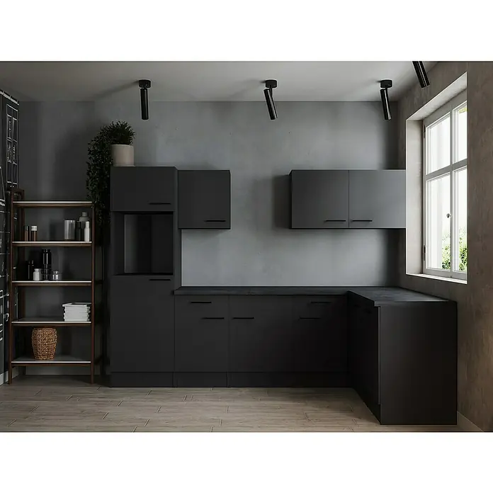 Respekta Olivia Winkelküche - Breite: 280 cm, Grau matt, Ohne Elektrogeräte - Elegantes Küchendesign in Grau mit schwarzen Schränken und Regalen, das moderne Ästhetik und Funktionalität vereint.