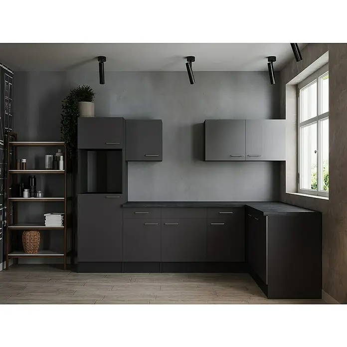 Respekta Olivia Winkelküche - Breite: 280 cm, Grau, Ohne Elektrogeräte - Elegantes graues Küchendesign mit modernen Schränken, Arbeitsflächen und einem offenen Regal. Die minimalistische Ästhetik wird durch die Beleuchtung betont.