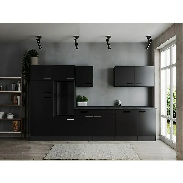 Respekta Olivia Küchenleerblock - Breite: 340 cm, Schwarz, Ohne Elektrogeräte, Silberne Griffe - Elegantes Küchendesign in Schwarz mit modernen Schränken, Arbeitsflächen und Beleuchtung für einen stilvollen und funktionalen Raum.