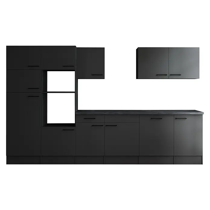Respekta Olivia Küchenleerblock - Breite: 340 cm, Grau, Ohne Elektrogeräte, Schwarze Griffe - Elegante, moderne Küchenzeile in dunklem Grau mit grifflosen Schränken und integrierten Geräten für ein minimalistisches Design.
