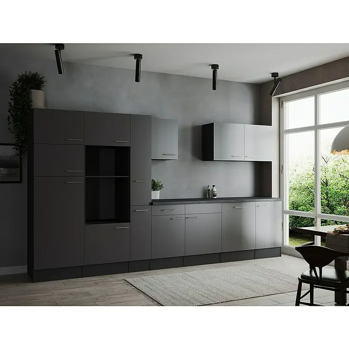 Respekta Olivia Küchenleerblock - Breite: 370 cm, Grau, Ohne Elektrogeräte, Silberne Griffe - Moderne graue Küche mit stilvollen Schränken und viel Stauraum, die ein elegantes und aufgeräumtes Erscheinungsbild bietet.