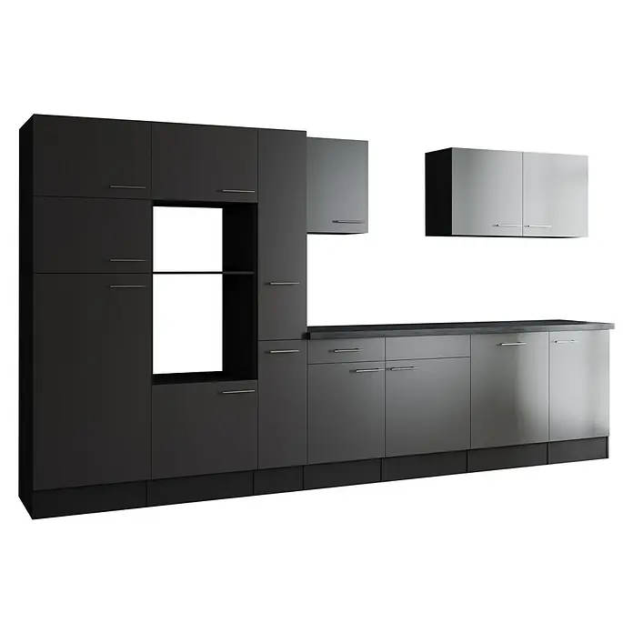 Respekta Olivia Küchenleerblock - Breite: 370 cm, Grau, Ohne Elektrogeräte, Silberne Griffe - Elegante, moderne graue Küchenschränke mit stilvollen Griffen, die Funktionalität und zeitgemäßes Design vereinen.