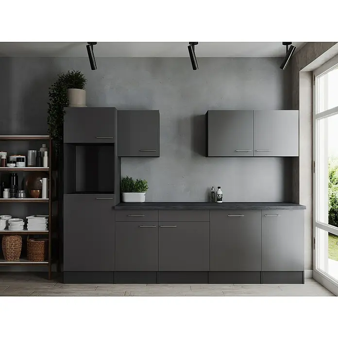 Respekta Olivia Küchenleerblock - Breite: 280 cm, Grau, Ohne Elektrogeräte, Silberne Griffe - Graue Küchenschränke mit Regalen, Pflanzen und Beleuchtung schaffen eine stilvolle, moderne Atmosphäre in der Küche.