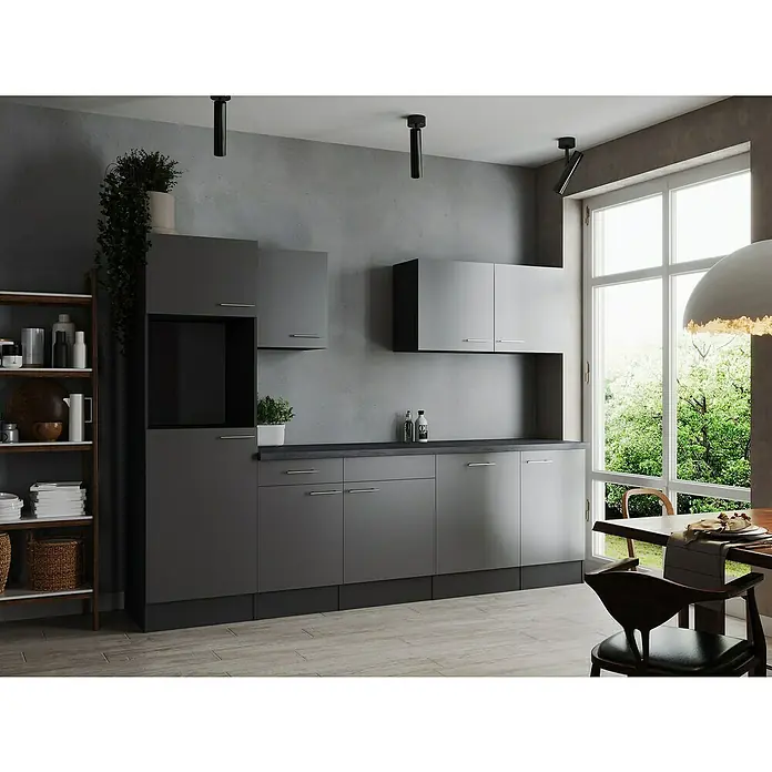 Respekta Olivia Küchenleerblock - Breite: 280 cm, Grau, Ohne Elektrogeräte, Silberne Griffe - Graue Küchenschränke mit Holzregal in modernem Küchendesign. Elegantes und funktionales Möbelset für die stilvolle Einrichtung.