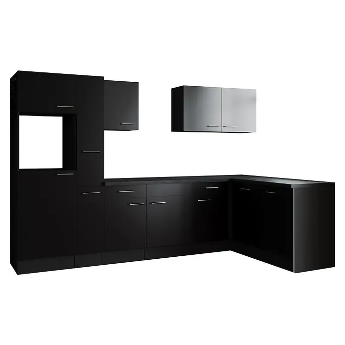 Respekta Olivia Winkelküche - Breite: 310 cm, Schwarz, Ohne Elektrogeräte - Schwarz getönte Küchenschränke mit minimalistischen Griffen und eleganter Arbeitsfläche, die ein modernes Küchendesign präsentieren.