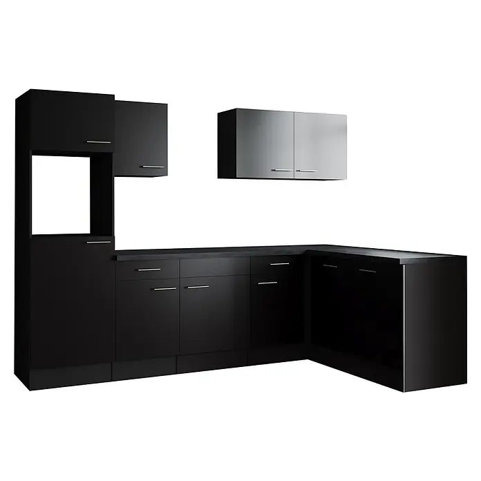 Respekta Olivia Winkelküche - Breite: 280 cm, Schwarz, Ohne Elektrogeräte - Moderne Küche mit schwarzen Unterschränken und grauen Hängeschränken. Elegantes Design für ein stilvolles Zuhause.