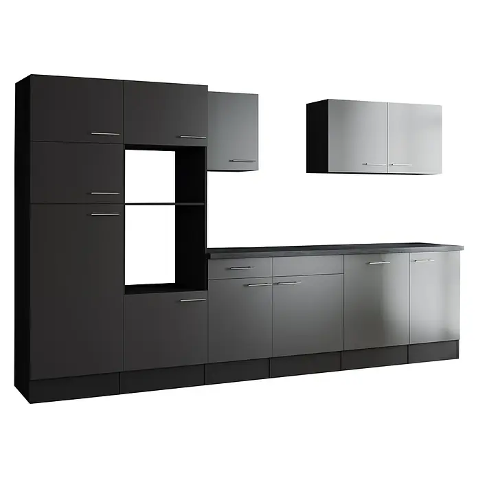 Respekta Olivia Küchenleerblock - Breite: 340 cm, Grau, Ohne Elektrogeräte, Silberne Griffe - Elegante graue Küchenschränke mit modernen Griffen. Das Set umfasst Ober- und Unterschränke für eine stilvolle Kücheneinrichtung.
