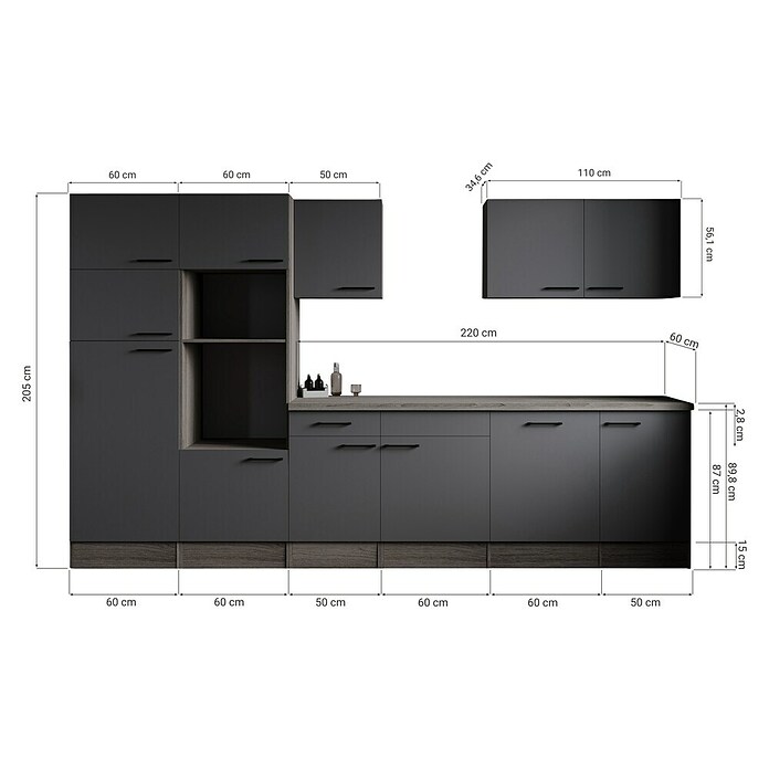 Respekta Olivia Küchenleerblock (Breite: 340 cm, Artisan Eiche Nachbildung Grau, Ohne Elektrogeräte, Schwarze Griffe) | BAUHAUS