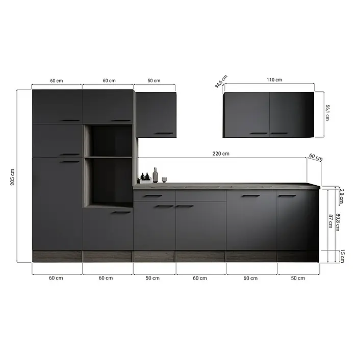 Respekta Olivia Küchenleerblock - Breite: 340 cm, Artisan Eiche Nachbildung Grau, Ohne Elektrogeräte, Schwarze Griffe - Abbildung einer modernen Küche mit grauen Schränken, Arbeitsplatten und Maßen für die Raumplanung.