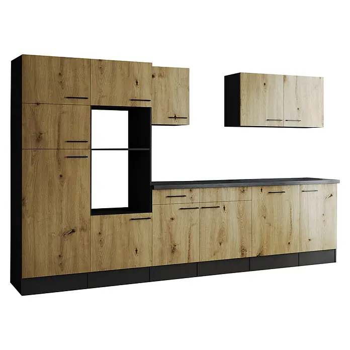 Respekta Olivia Küchenleerblock - Breite: 340 cm, Artisan Eiche, Ohne Elektrogeräte, Schwarze Griffe - Küchenmöbel mit Holzfronten und schwarzen Griffen. Modernes Design mit viel Stauraum für eine stilvolle Küche.
