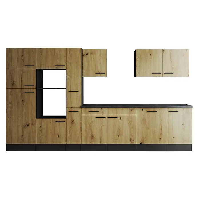 Respekta Olivia Küchenleerblock - Breite: 370 cm, Artisan Eiche Nachbildung, Ohne Elektrogeräte, Schwarze Griffe - Moderne Küche in Holzoptik mit schwarzen Griffen und Akzenten. Die klaren Linien und die natürliche Farbgebung schaffen eine warme Atmosphäre.