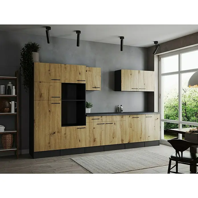 Respekta Olivia Küchenleerblock - Breite: 340 cm, Artisan Eiche, Ohne Elektrogeräte, Schwarze Griffe - Elegante Küche mit Holzfronten und schwarzen Akzenten. Die moderne Gestaltung bietet viel Stauraum und eine stilvolle Atmosphäre.