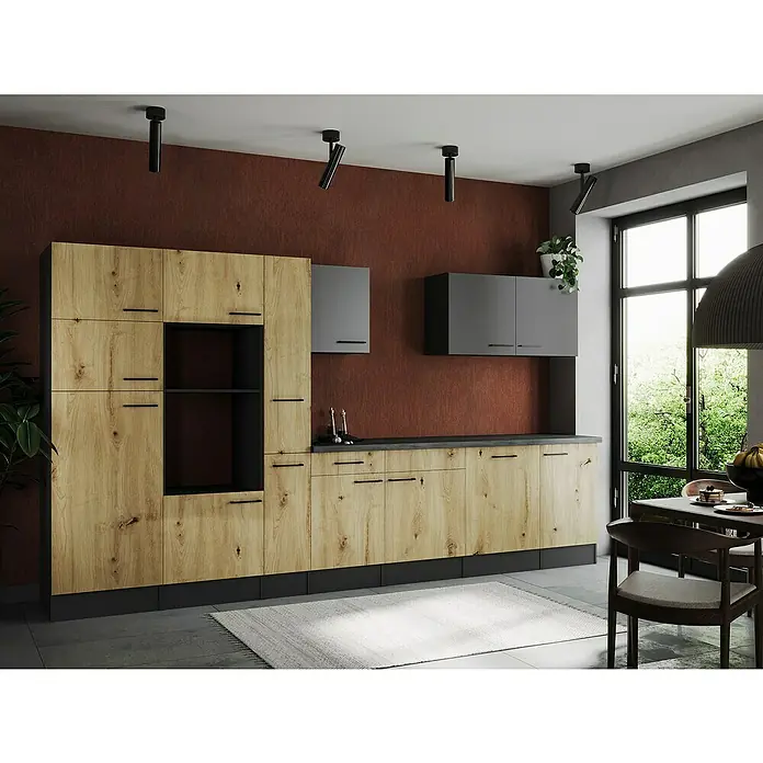 Respekta Olivia Küchenleerblock - Breite: 370 cm, Artisan Eiche Nachbildung/Grau, Ohne Elektrogeräte, Schwarze Griffe - Küchenaufnahme mit hellbraunen Holzschränken und schwarzen Akzenten, die ein modernes und stilvolles Küchendesign präsentiert.