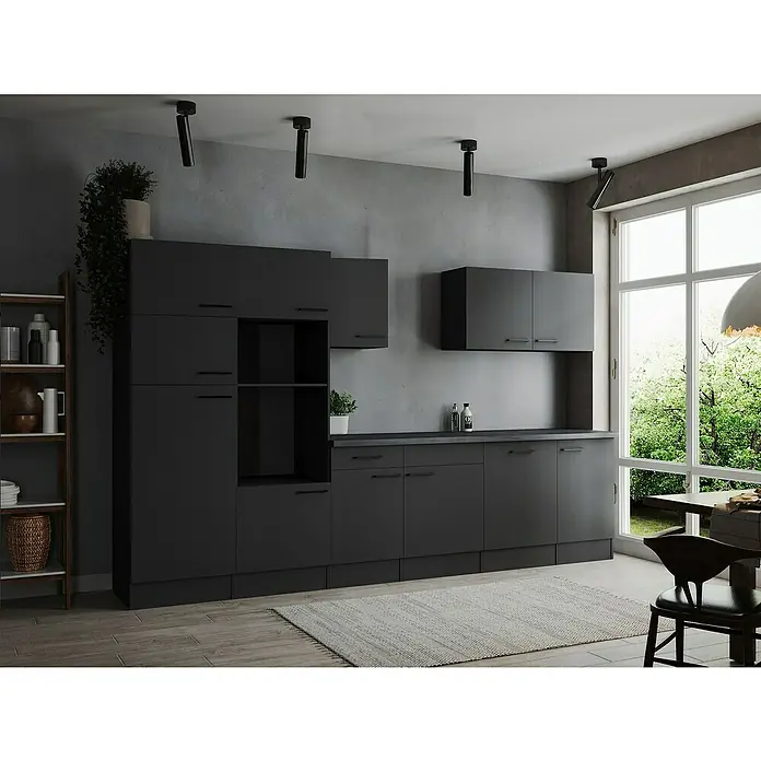 Respekta Olivia Küchenleerblock - Breite: 340 cm, Grau, Ohne Elektrogeräte, Schwarze Griffe - Das moderne Küchenset in dunklen Farbtönen besteht aus Schränken und Regalen mit minimalistischem Design, ergänzt durch eine stilvolle Beleuchtung.