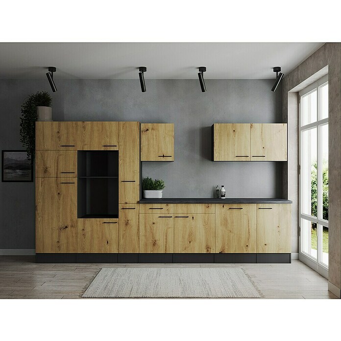 Respekta Olivia Küchenleerblock (Breite: 370 cm, Artisan Eiche Nachbildung, Ohne Elektrogeräte, Schwarze Griffe) | BAUHAUS