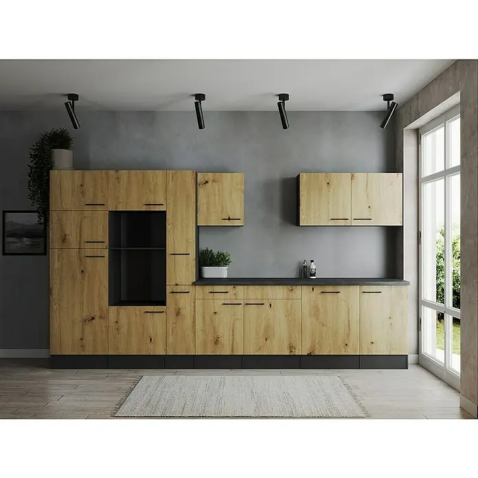 Respekta Olivia Küchenleerblock - Breite: 370 cm, Artisan Eiche Nachbildung, Ohne Elektrogeräte, Schwarze Griffe - Helle Holzküchenschränke mit schwarzen Griffen und Akzenten vor einer grauen Wand, die eine moderne und stilvolle Küche zeigt.