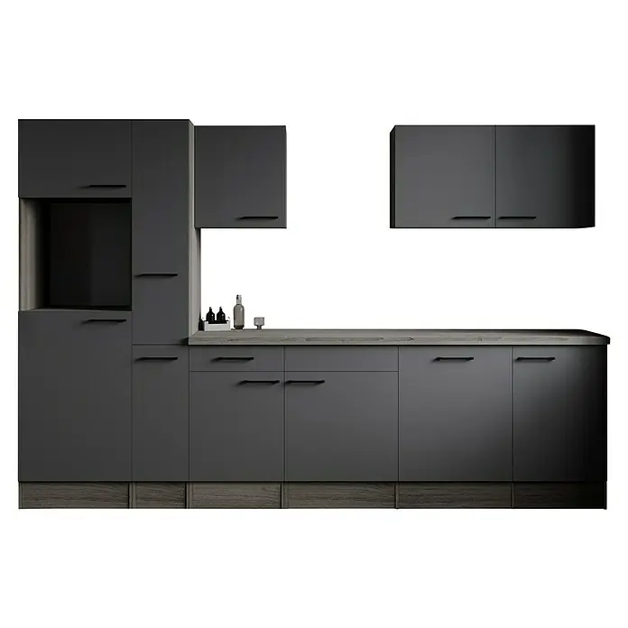 Respekta Olivia Küchenleerblock - Breite: 310 cm, Artisan Eiche Nachbildung Grau, Ohne Elektrogeräte, Schwarze Griffe - Moderne graue Küche mit stilvollen Schränken und einer eleganten Arbeitsplatte für ein zeitgemäßes Küchendesign.