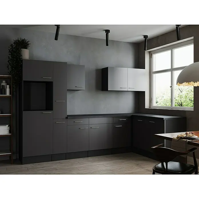 Respekta Olivia Winkelküche - Breite: 310 cm, Grau, Ohne Elektrogeräte - Modernes Küchendesign mit grauen Schränken, minimalistischen Griffen und stilvoller Beleuchtung für eine elegante Atmosphäre.