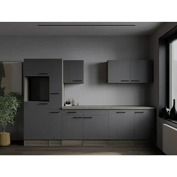 Respekta Olivia Küchenleerblock - Breite: 310 cm, Artisan Eiche Nachbildung Grau, Ohne Elektrogeräte, Schwarze Griffe - Moderne Küche mit grauen Schränken, dunklen Griffen und Holzdetails. Elegantes Design für ein stilvolles Zuhause.