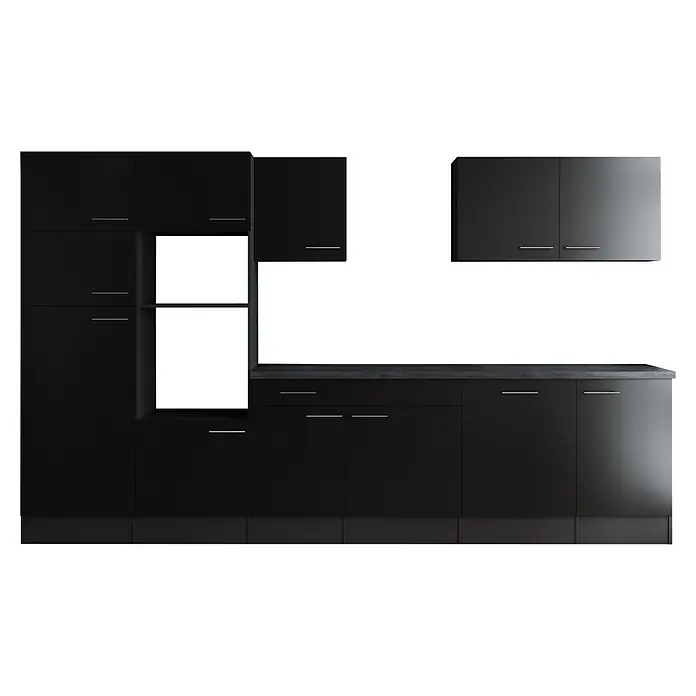 Respekta Olivia Küchenleerblock - Breite: 340 cm, Schwarz, Ohne Elektrogeräte, Silberne Griffe - Küchenschrank in elegantem Schwarz mit modernen Griffen, ideal für stilvolle Küchen. Viel Stauraum und schlichtes Design.