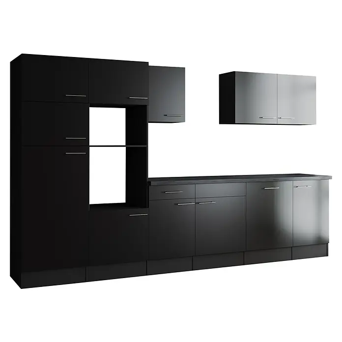 Respekta Olivia Küchenleerblock - Breite: 340 cm, Schwarz, Ohne Elektrogeräte, Silberne Griffe - Elegante schwarze Küchenschränke mit modernen Griffen und viel Stauraum. Das perfekte Design für eine stilvolle Küche.