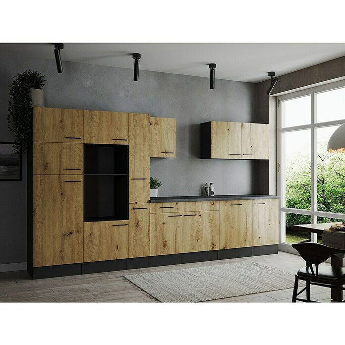Respekta Olivia Küchenleerblock (Breite: 370 cm, Artisan Eiche Nachbildung, Ohne Elektrogeräte, Schwarze Griffe) | BAUHAUS