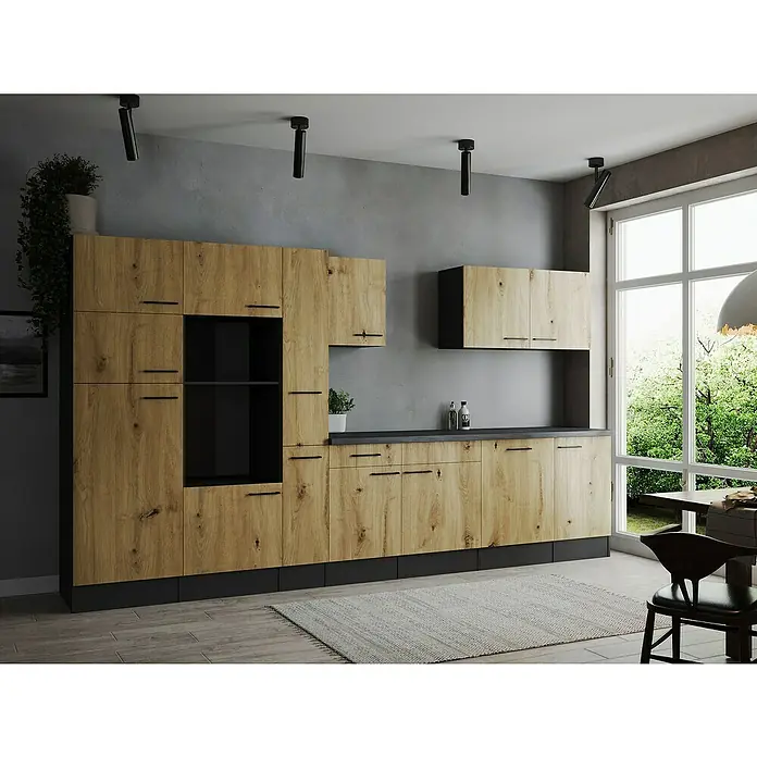 Respekta Olivia Küchenleerblock - Breite: 370 cm, Artisan Eiche Nachbildung, Ohne Elektrogeräte, Schwarze Griffe - Moderne Küche mit Holzfronten und schwarzen Akzenten, die ein stilvolles und zeitgemäßes Design bietet.
