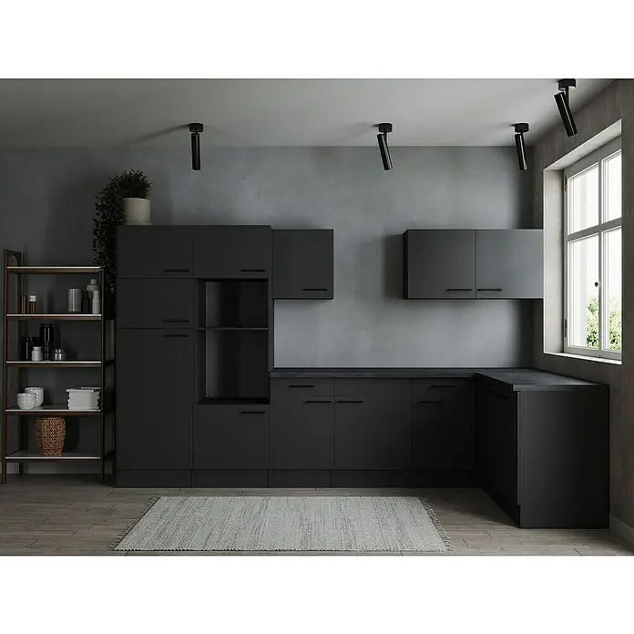 Respekta Olivia Winkelküche - Breite: 340 cm, Grau matt, Ohne Elektrogeräte - Moderne schwarze Küche mit minimalistischem Design, inklusive Regalen, Arbeitsflächen und Deckenleuchten für stilvolle Einrichtung.