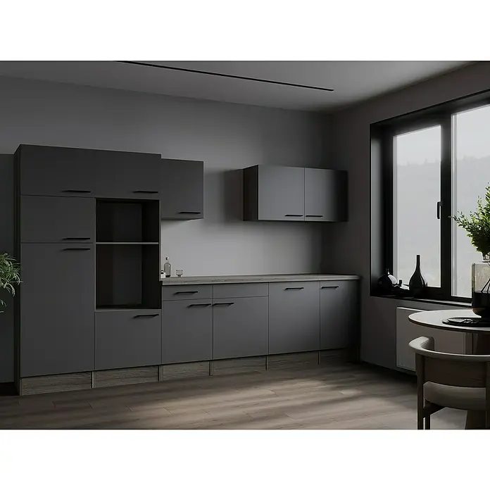 Respekta Olivia Küchenleerblock - Breite: 340 cm, Artisan Eiche Nachbildung Grau, Ohne Elektrogeräte, Schwarze Griffe - Graue Küchenschränke mit modernen Griffen und einer schlichten Arbeitsplatte in einer minimalistischen Küche.