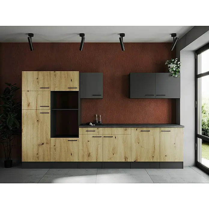 Respekta Olivia Küchenleerblock - Breite: 340 cm, Artisan Eiche Nachbildung/Grau, Ohne Elektrogeräte, Schwarze Griffe - Elegante Küche mit Holzfronten und grauen Hängeschränken unter schwarzen Strahlern. Ein moderner Blickfang für jedes Zuhause.