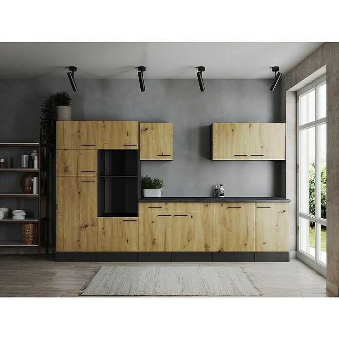 Respekta Olivia Küchenleerblock (Breite: 340 cm, Artisan Eiche, Ohne Elektrogeräte, Schwarze Griffe) | BAUHAUS
