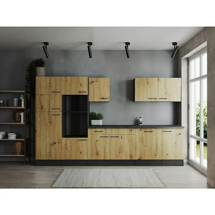 Respekta Olivia Küchenleerblock - Breite: 340 cm, Artisan Eiche, Ohne Elektrogeräte, Schwarze Griffe - Moderne Küche mit Holzfronten und schwarzen Akzenten, inklusive Regalen und Beleuchtung für stilvolles Wohnen.