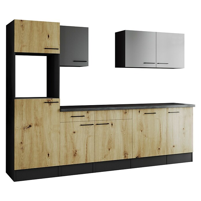 Respekta Olivia Küchenleerblock (Breite: 280 cm, Artisan Eiche Nachbildung/Grau, Ohne Elektrogeräte, Schwarze Griffe) | BAUHAUS