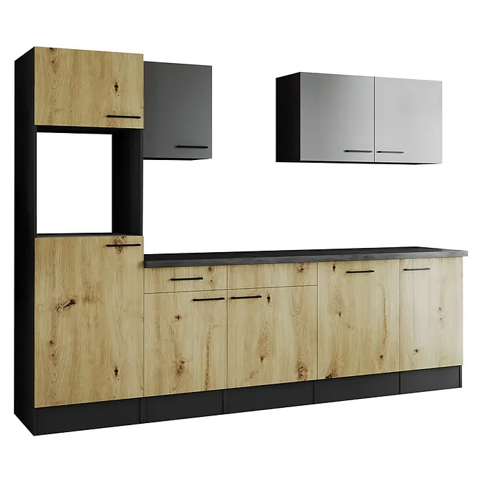 Respekta Olivia Küchenleerblock - Breite: 280 cm, Artisan Eiche Nachbildung/Grau, Ohne Elektrogeräte, Schwarze Griffe - Küchenmöbel mit hellen Holzfronten und schwarzen Griffen, sowie grauen Hängeschränken.