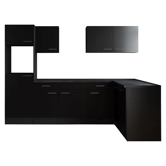Respekta Olivia Winkelküche - Breite: 280 cm, Schwarz, Ohne Elektrogeräte - Dunkle Küchenschränke mit silbernen Griffen in einem modernen Design. Die glatten Oberflächen sorgen für einen eleganten Look.