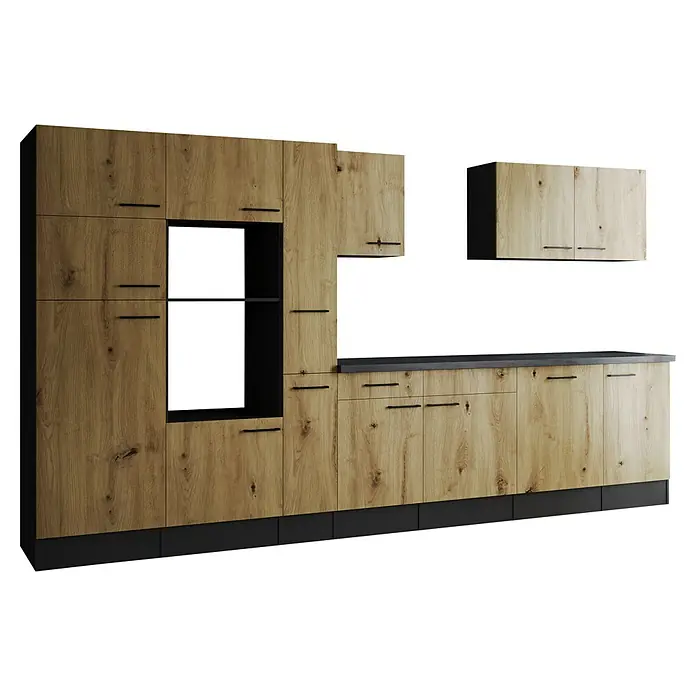 Respekta Olivia Küchenleerblock - Breite: 370 cm, Artisan Eiche Nachbildung, Ohne Elektrogeräte, Schwarze Griffe - Moderne Küche mit Holzfronten, schwarzen Griffen und einer dunklen Arbeitsplatte, die ein stilvolles und funktionales Design bietet.
