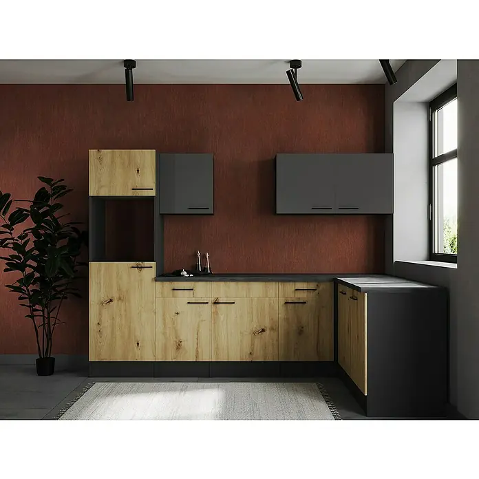 Respekta Olivia Winkelküche - Breite: 280 cm, Artisan Eiche Nachbildung/Grau, Ohne Elektrogeräte - Küchenansicht mit Holzfronten und grauen Akzenten. Die moderne Gestaltung umfasst Ober- und Unterschränke mit minimalistischen Griffen.