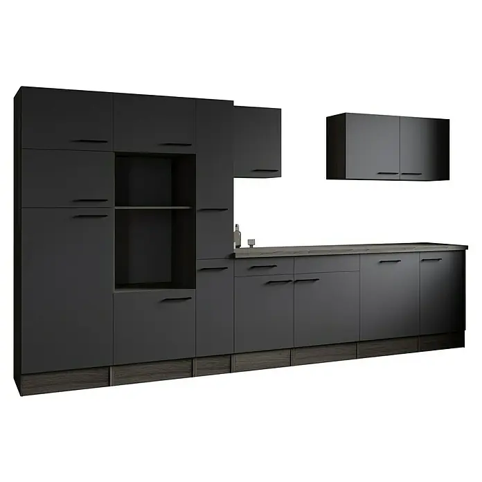 Respekta Olivia Küchenleerblock - Breite: 370 cm, Artisan Eiche Nachbildung Grau, Ohne Elektrogeräte, Schwarze Griffe - Moderne, graue Küche mit viel Stauraum und stilvollem Design. Die Küchenschränke bieten praktische Aufbewahrungsmöglichkeiten.