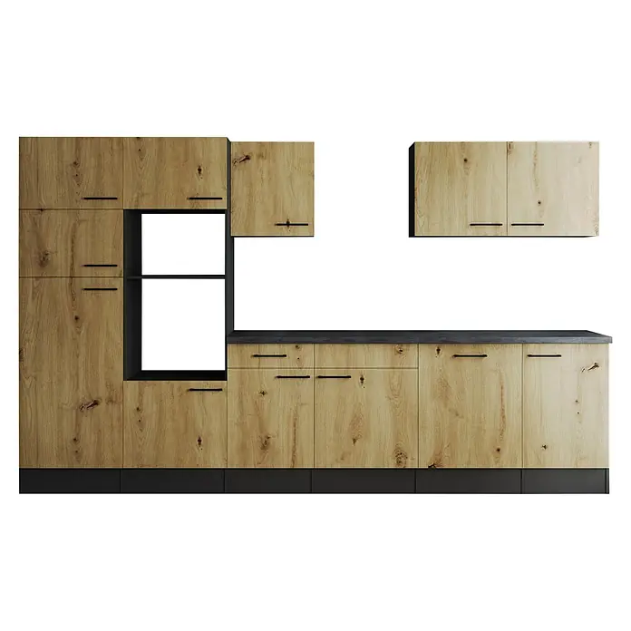 Respekta Olivia Küchenleerblock - Breite: 340 cm, Artisan Eiche, Ohne Elektrogeräte, Schwarze Griffe - Elegante Küche mit Holzfronten und schwarzen Griffen. Die modernen Schränke bieten viel Stauraum und eine stilvolle Optik für jedes Zuhause.