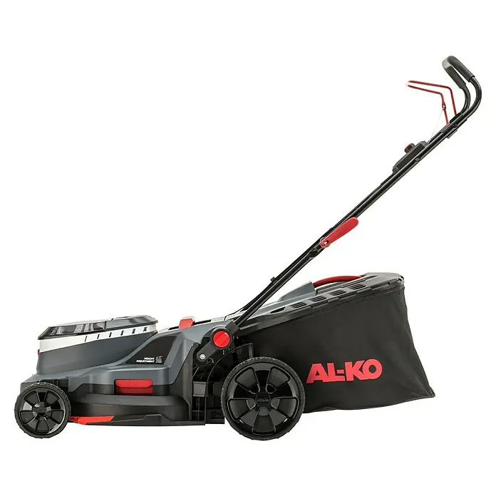 AL-KO 18V/36V Akku-Rasenmäher 43.6 - 18 V - 36 V, 2 Akkus, 5 Ah, Schnittbreite: 43 cm - Abbildung eines AL-KO Akku-Rasenmähers mit Grasfangkorb. Ideal für Gartenarbeit, bietet er kabellose Freiheit und effiziente Leistung.