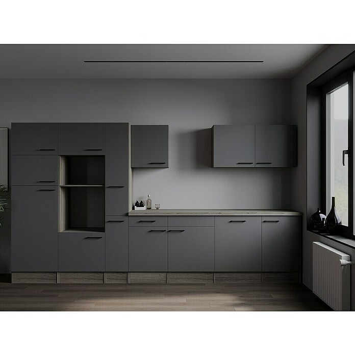 Respekta Olivia Küchenleerblock (Breite: 370 cm, Artisan Eiche Nachbildung Grau, Ohne Elektrogeräte, Schwarze Griffe) | BAUHAUS