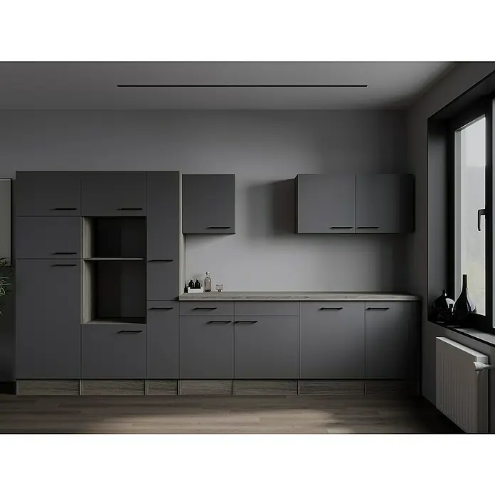Respekta Olivia Küchenleerblock - Breite: 370 cm, Artisan Eiche Nachbildung Grau, Ohne Elektrogeräte, Schwarze Griffe - Moderne graue Küche mit eleganten Schränken, die Stauraum und stilvolles Design vereinen. Das minimalistische Design passt perfekt in moderne Wohnräume.